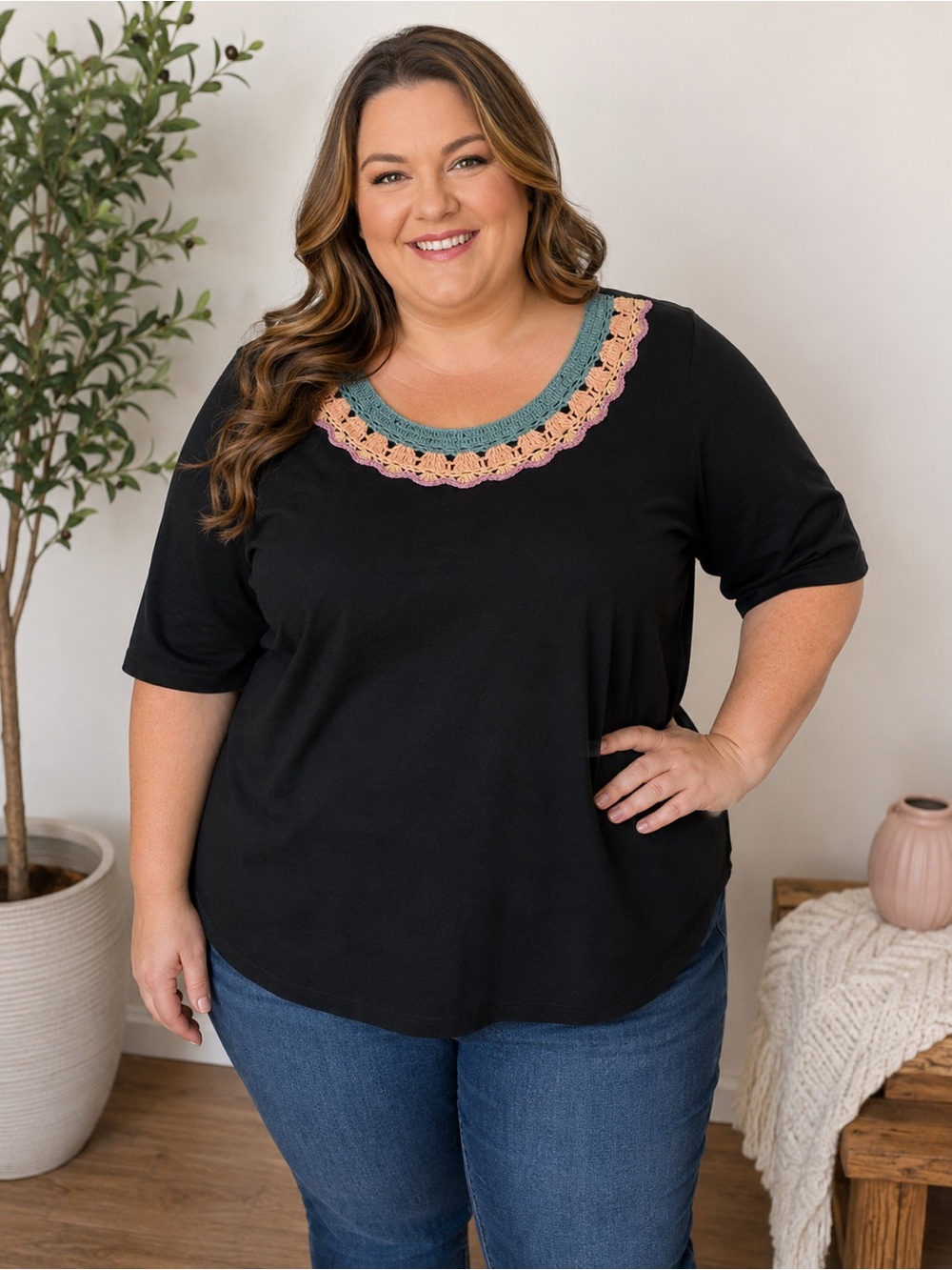 Ulla Popken Black Short Sleeve Tee with Green and Pink Crochet Scoop